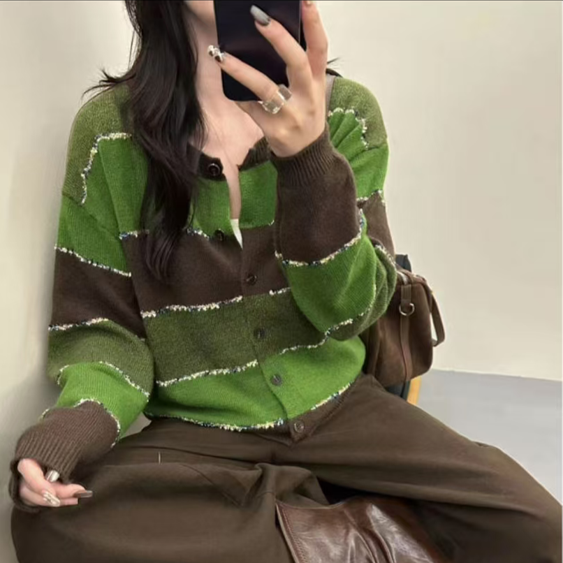 【星光开衫】针织上衣拼色条纹长款慵懒风高级法式外搭565