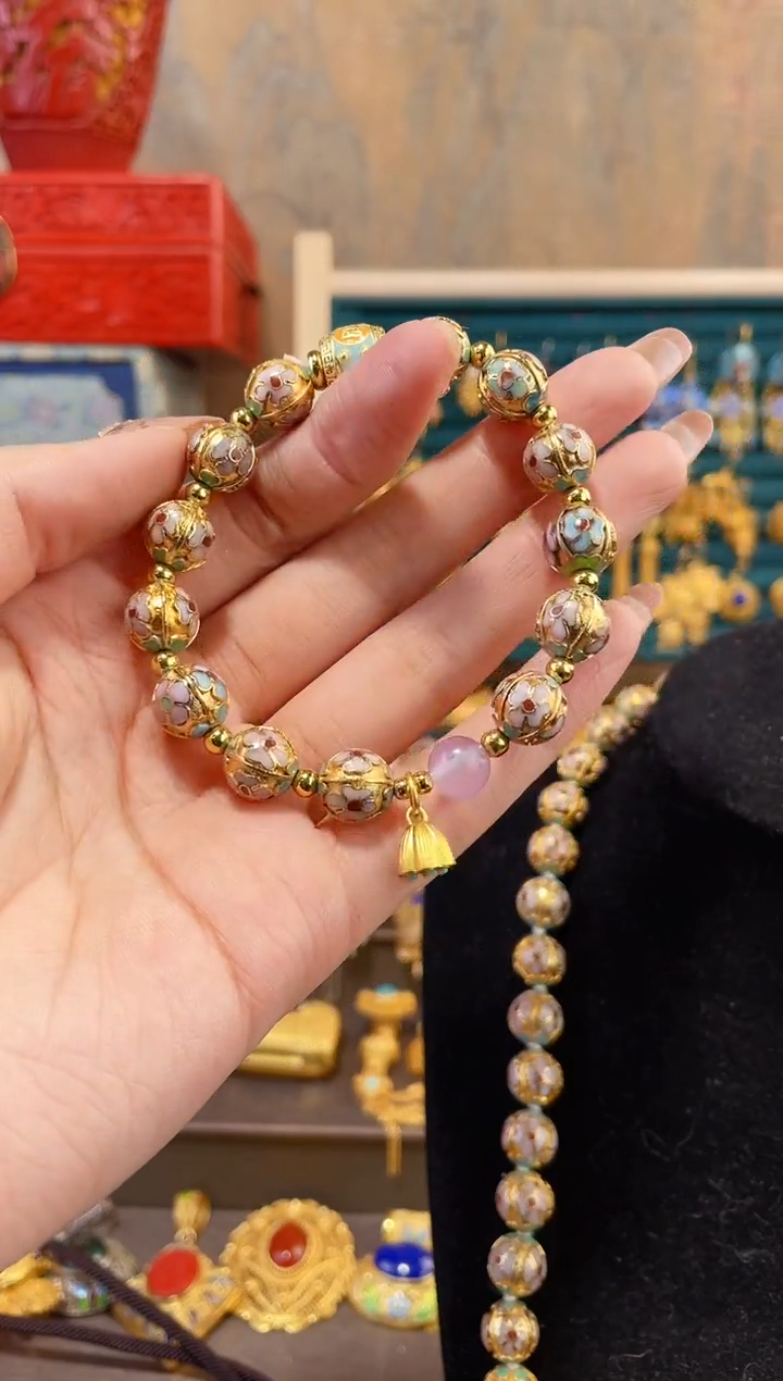 【闪购商品】景泰蓝金地瓜棱手串配珠加粉色