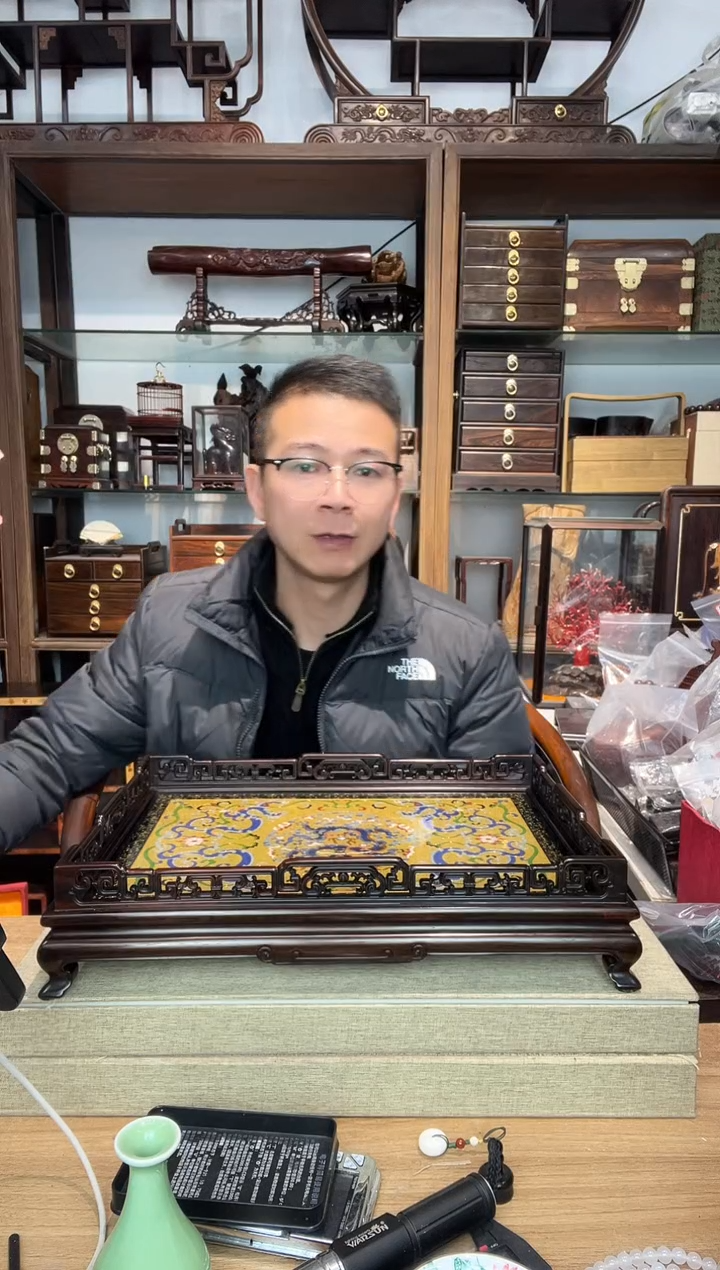 乌木类书架274大红酸枝嵌景泰蓝雕刻拐子龙纹长方承盘  龙