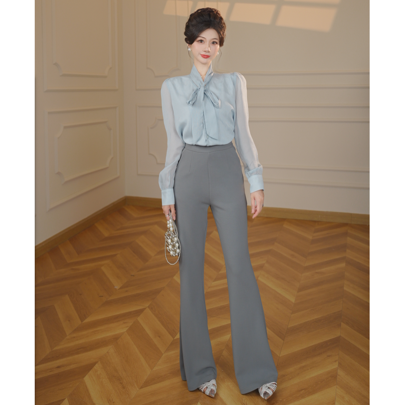 【张小小】【两件套】飘带衬衫时尚气质显瘦通勤气质上衣+裤子D3622