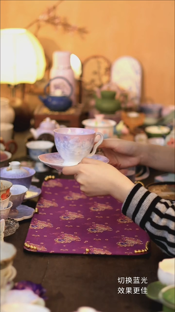 结晶釉紫白咖啡杯一套