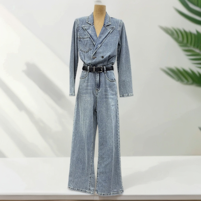 H7082秋季新款韩版水洗高级感西装领牛仔连体长裤阔腿裤女配腰带