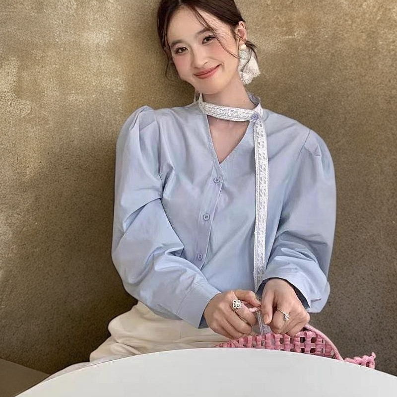 蕾丝不褪色长袖成人刺绣秋季衬衫泡泡袖时尚法式褶皱