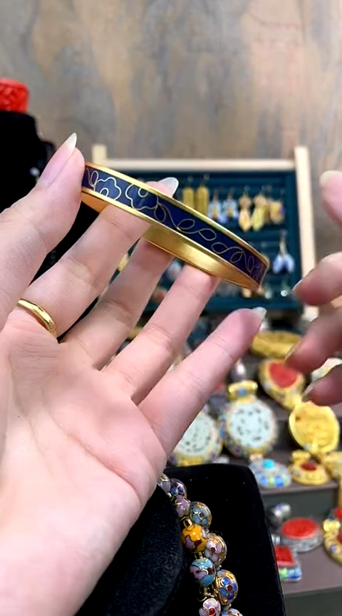 非遗手工艺 景泰蓝 手镯 齐宝烧 带证书 花卉 60 蓝