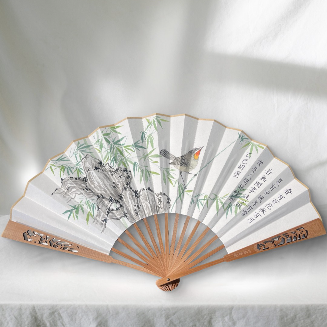 【手绘秘彩描金】翠竹丹禽 ——胡墨—扇面