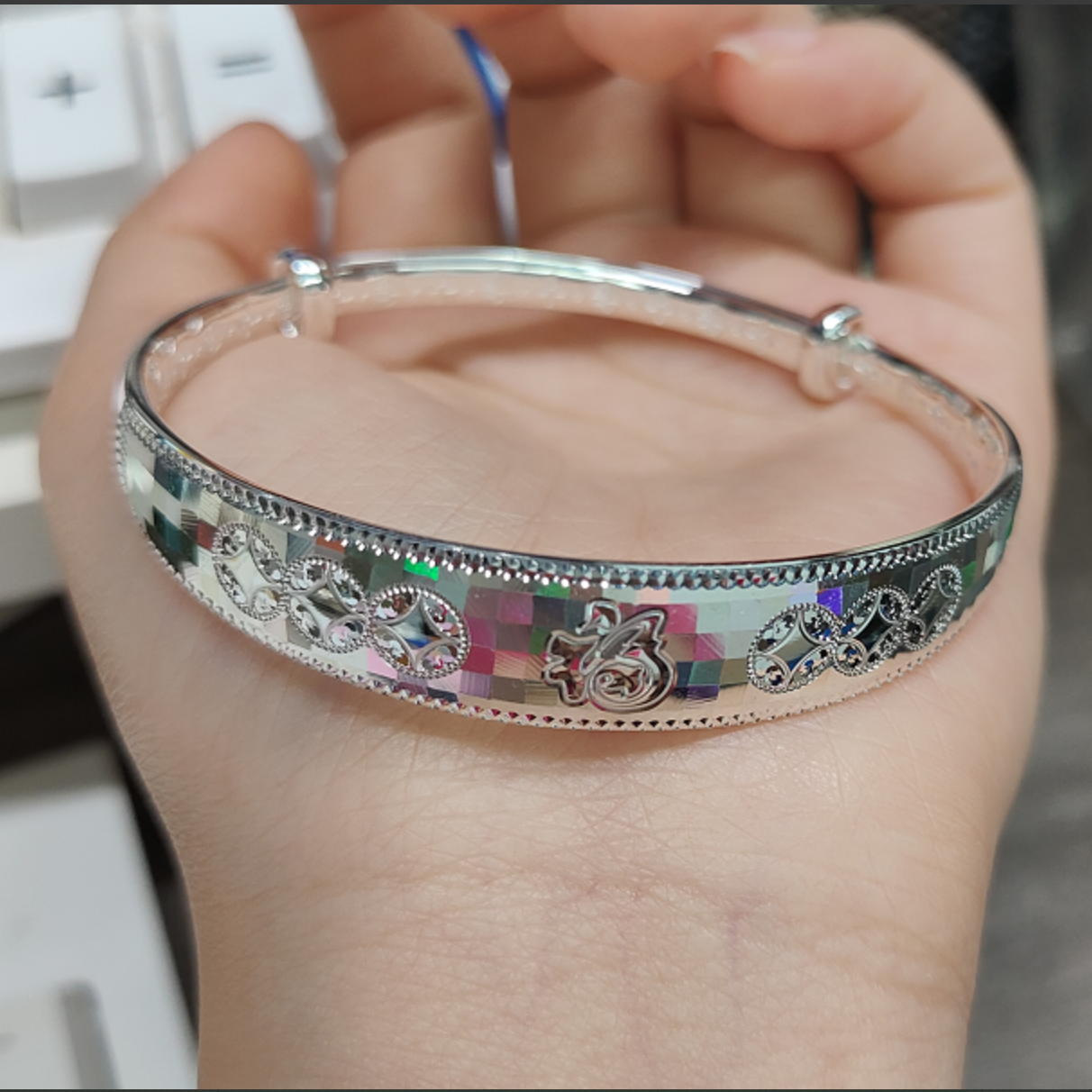 足银手镯 足银光面福字钱币纹推拉手镯32g