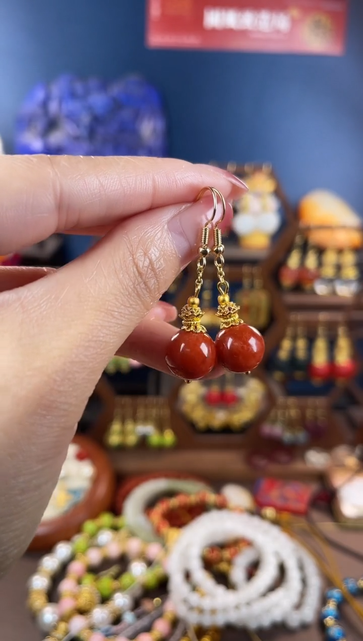 银S925镀金镶嵌挂件翡翠，红翡耳钩