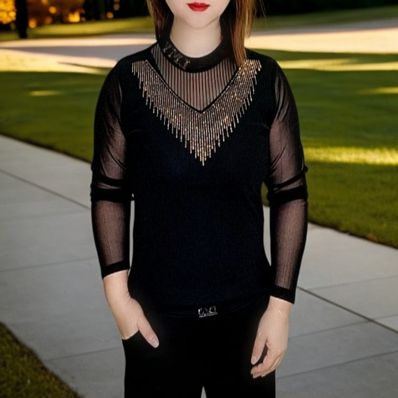 高贵气质圆领烫钻小衫时尚洋气黑色百搭修身显瘦薄款长袖上衣女