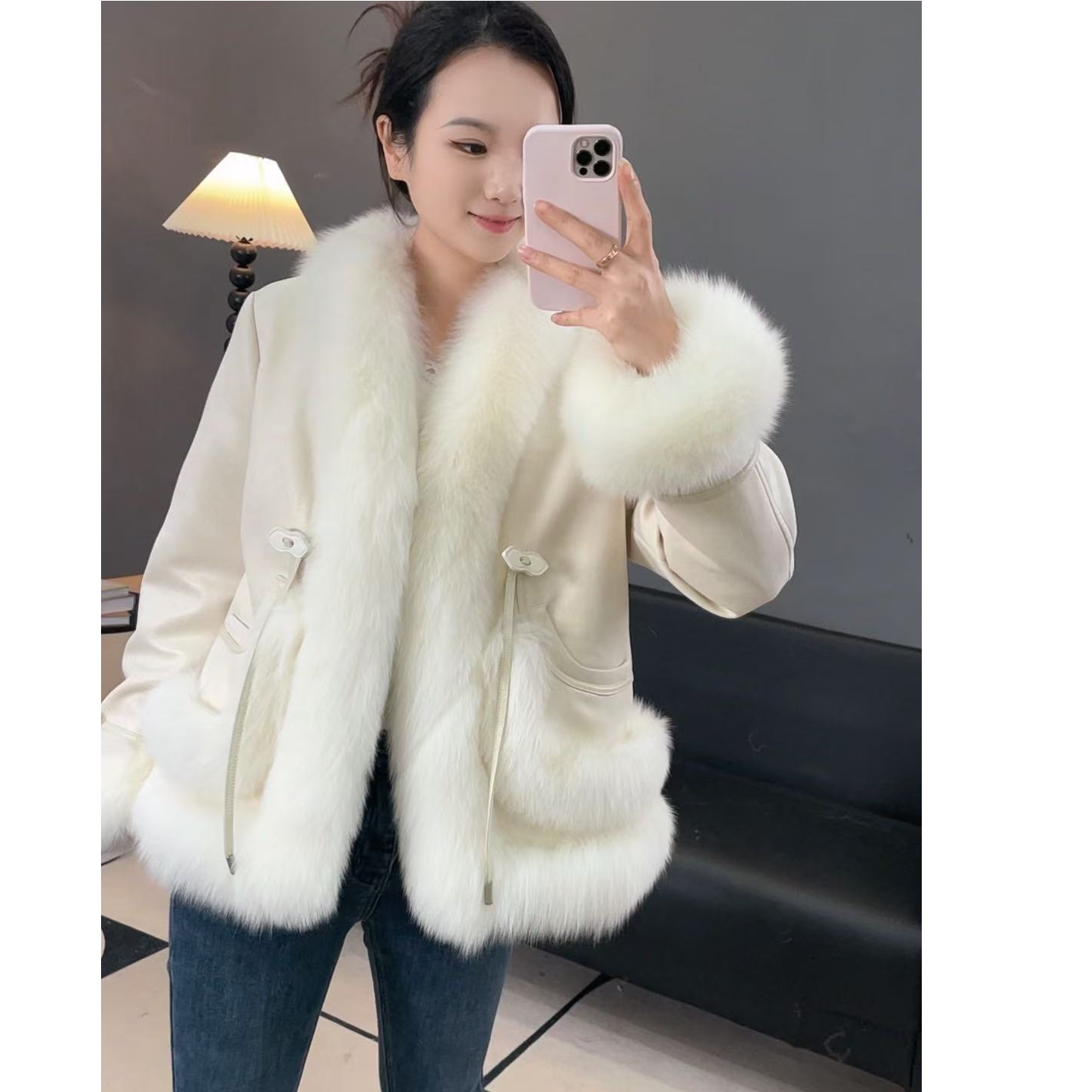 【笑燃儿】气质甜妹麂皮绒进口狐狸毛白鹅绒皮草外套