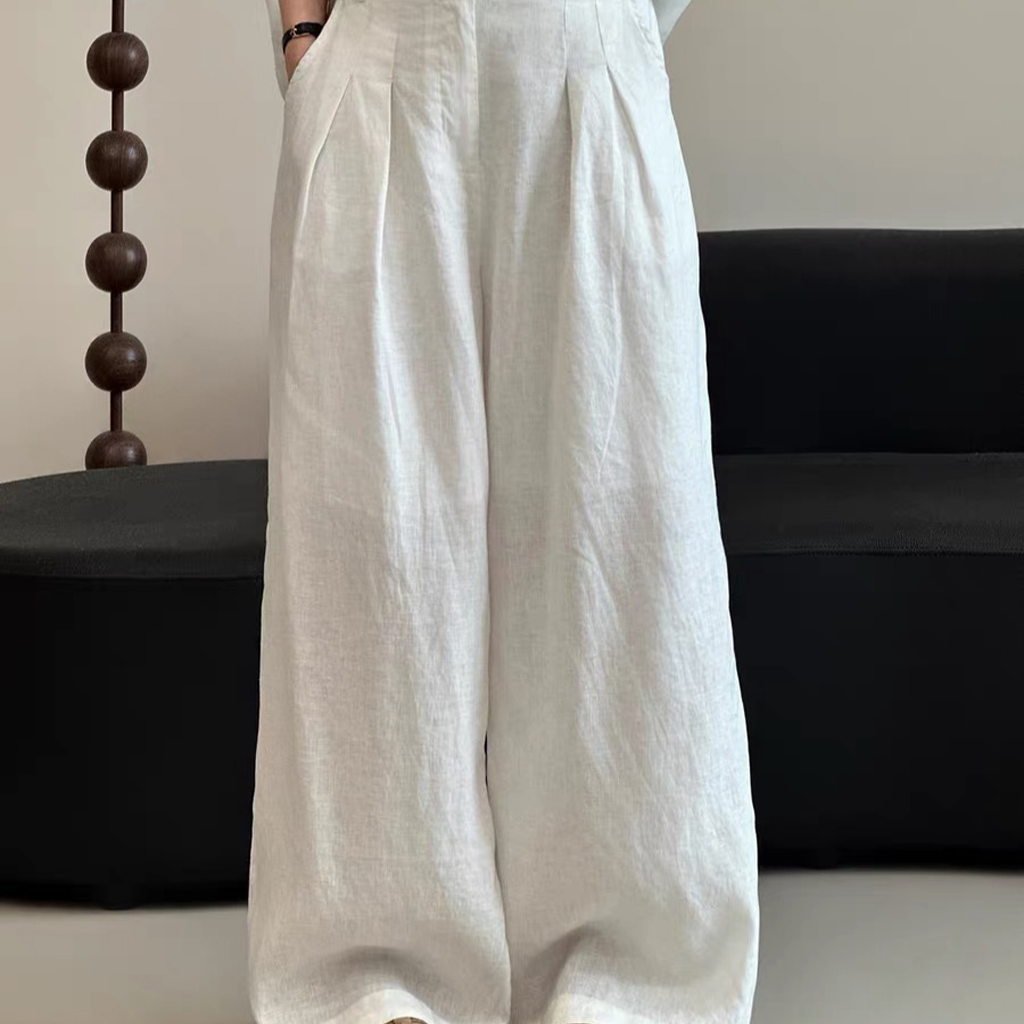 女士纽扣款裤子100%亚麻长裤两粒扣-白色