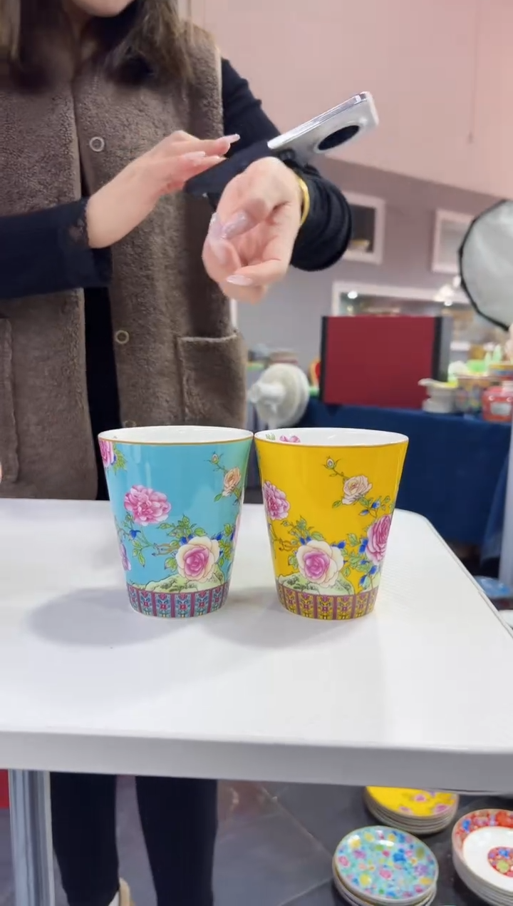珐琅 牡丹花卉杯子2只装景德镇陶瓷