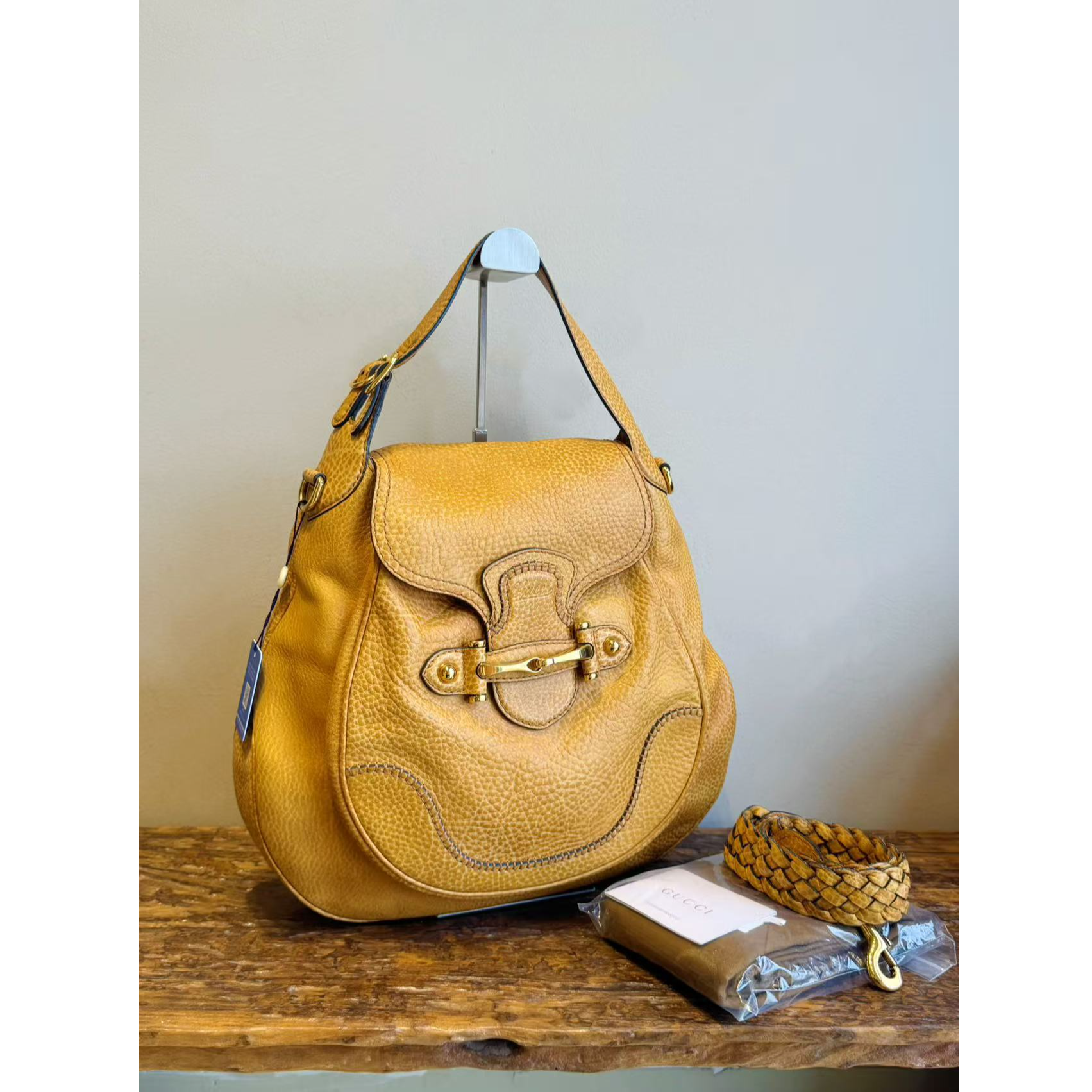 95新 GUCCI/古驰 姜黄色马衔扣两用包