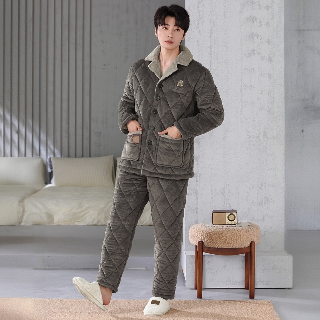 新款海岛绒男家居服套装可外穿三层夹棉睡衣冬款加厚特厚加厚加绒