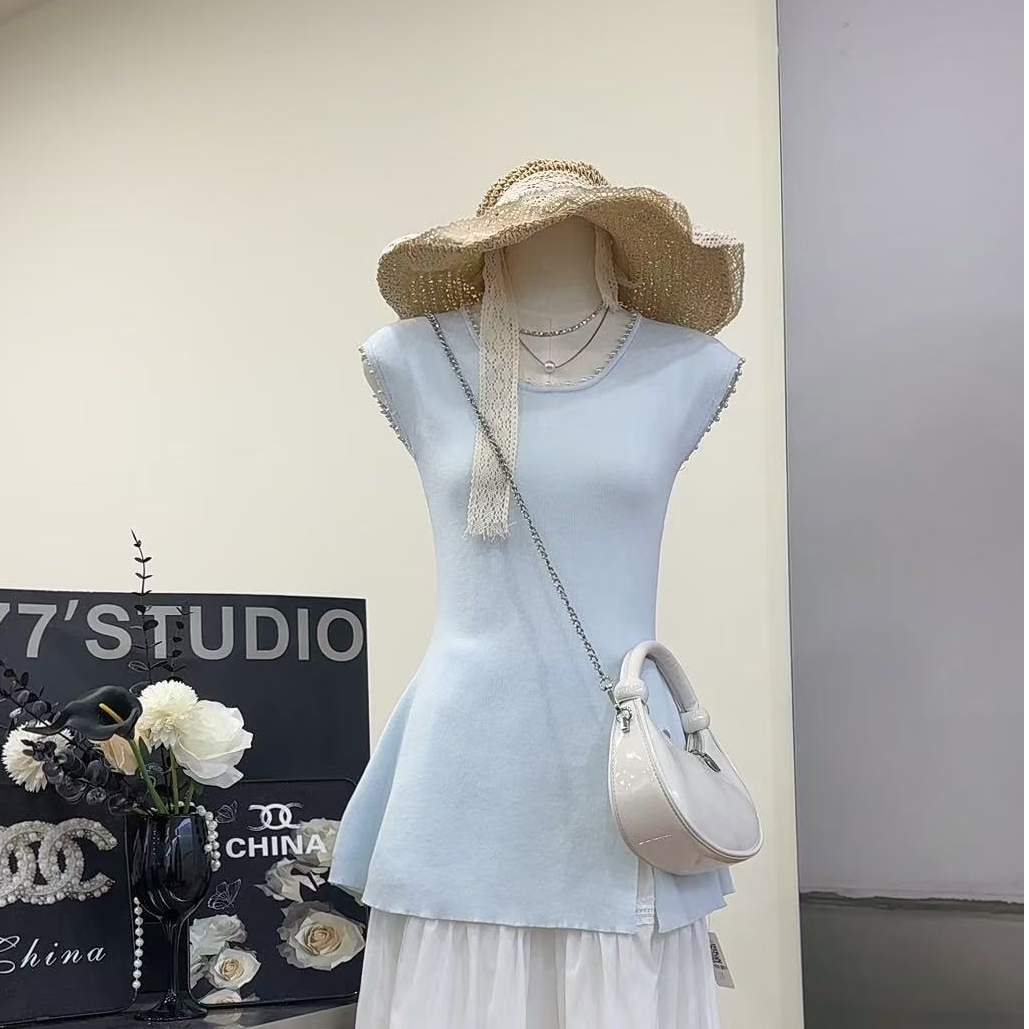 【珠光月影】法式无袖修身别致下摆开叉上衣-7205