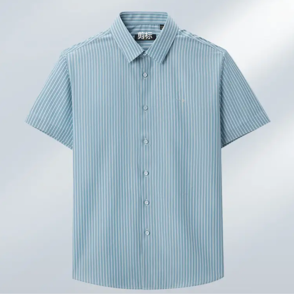 蓝色条纹桑蚕丝男士短袖衬衫男夏季尖领含桑蚕丝无痕休闲衬衣男