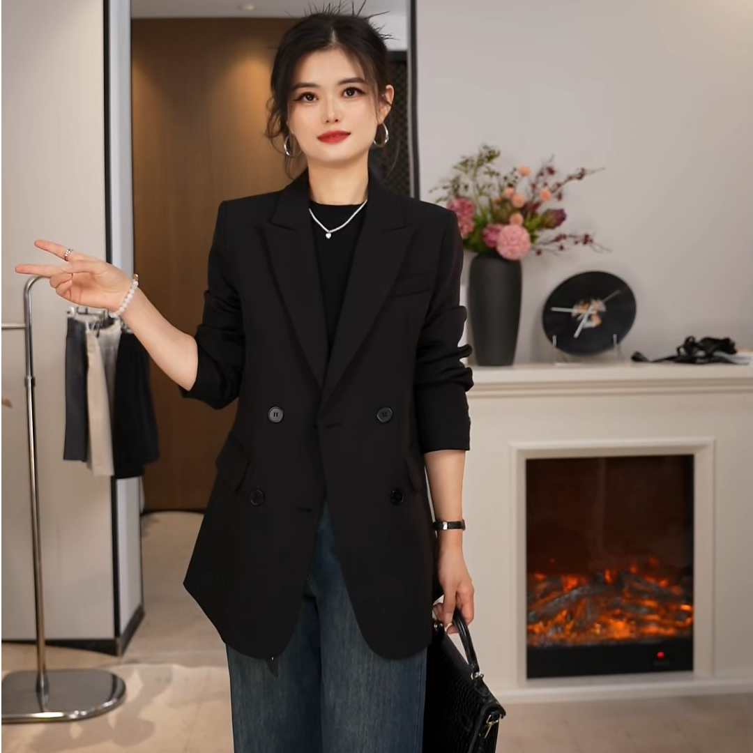 西装外套女2025春秋新款双排扣纯色轻职业黑色休闲西服上衣