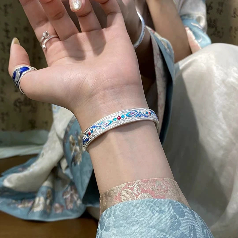 足银手镯 83号链接【开口珐琅凤翎心经】国风复古百搭小众银手镯
