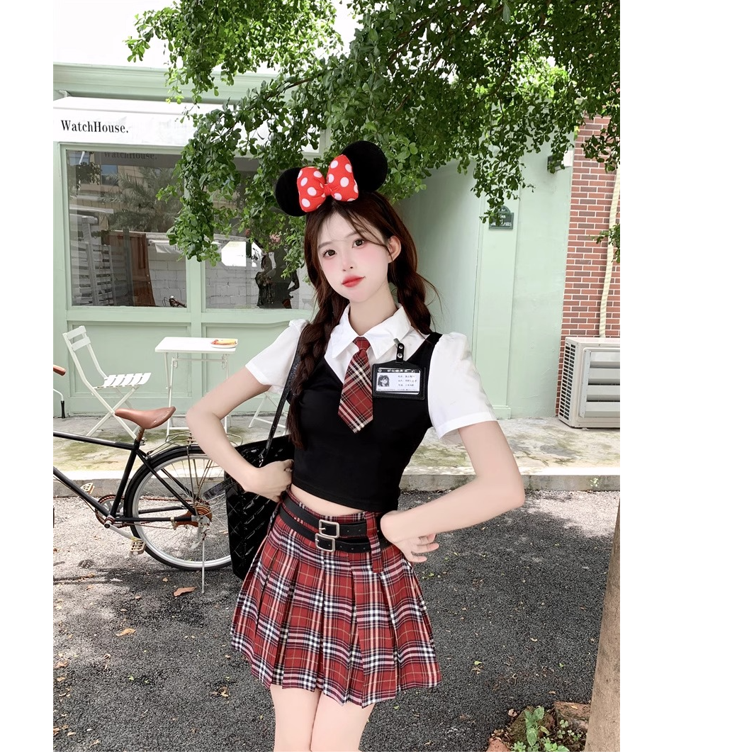 【红格物语】学院风显瘦辣妹套装女夏装假两件上衣百褶格子短裙套装