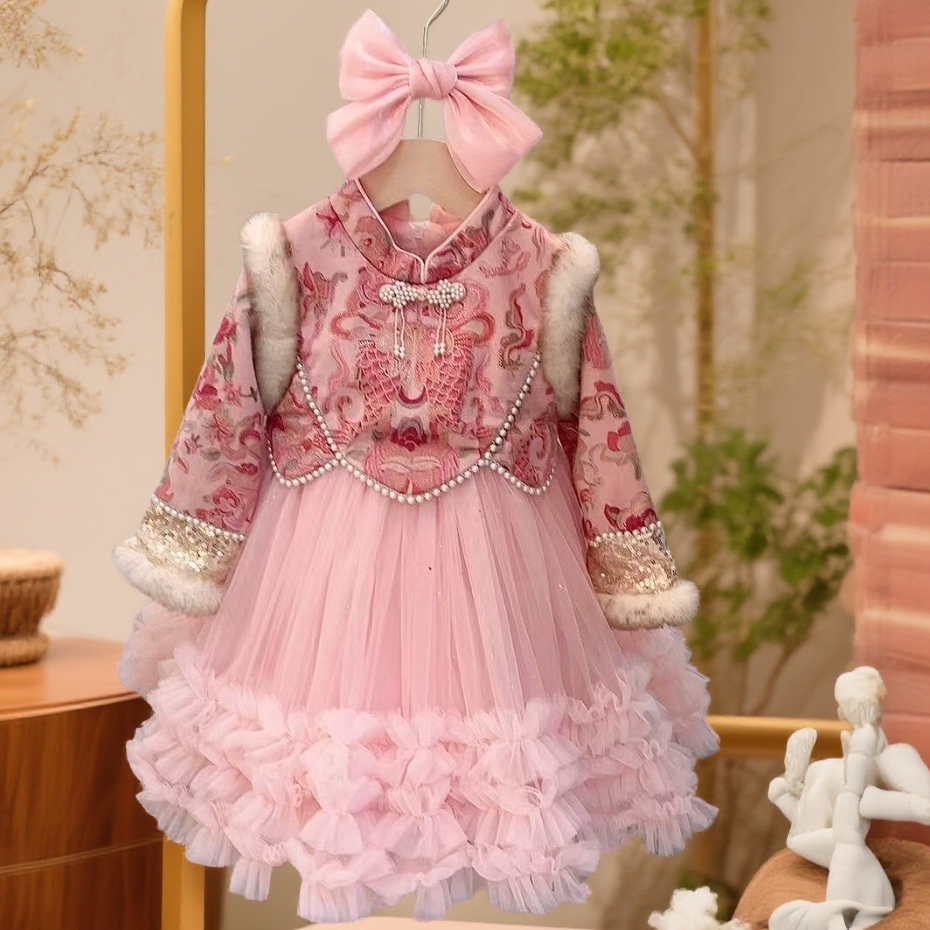 【加绒】2025冬新款粉色新中式加绒加厚新年女童公主裙