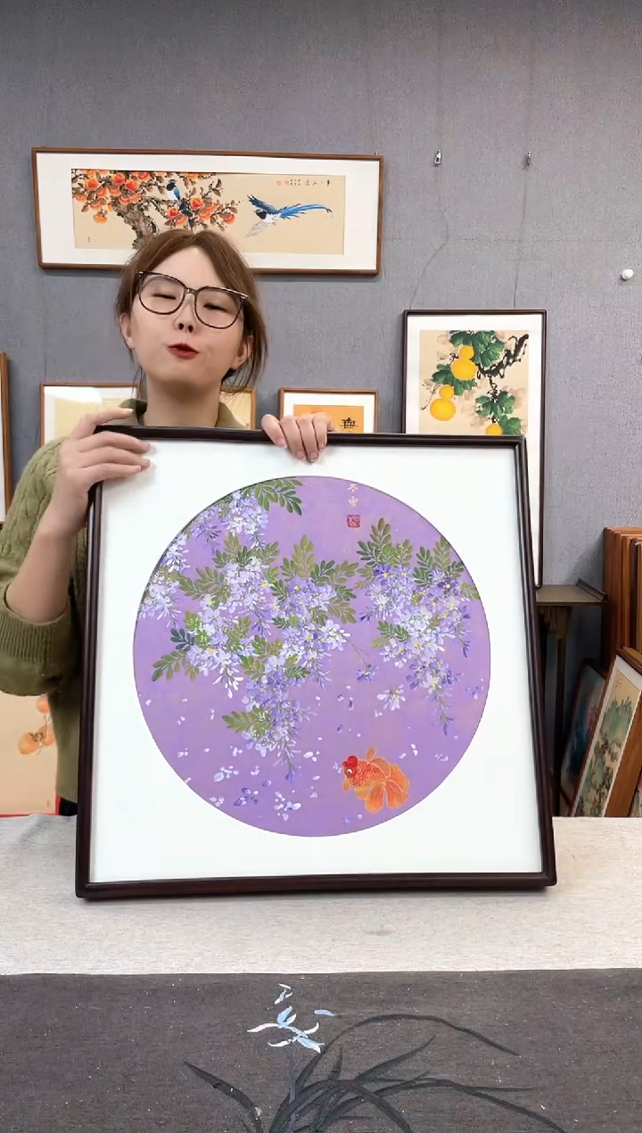 【闪购商品】国画闫冬雪-手绘带框作品-52*52-紫藤