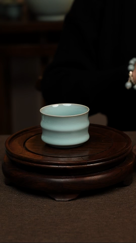 瓷片天青色全手工竹节杯100ml微瑕不带礼盒