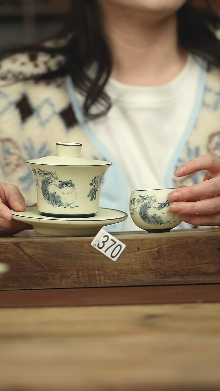 设计师手作款 青花小猫盖碗+杯