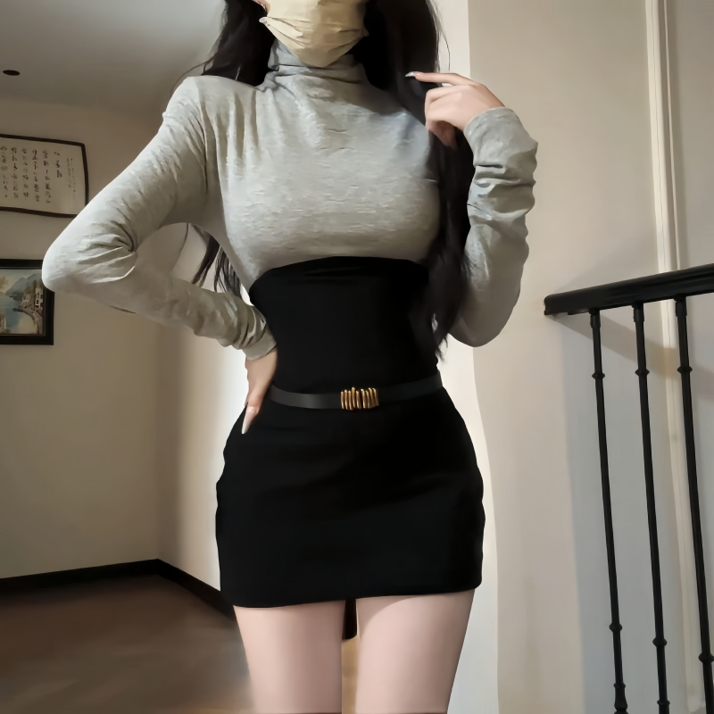 iqcq气球熊韩系纯欲风秋冬内搭高领打底衫上衣掐腰显瘦包臀短裙女