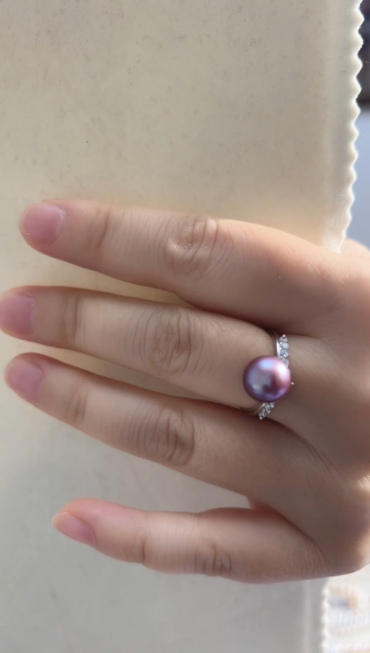 银S925镶嵌戒指淡水珍珠10紫色皇冠戒指