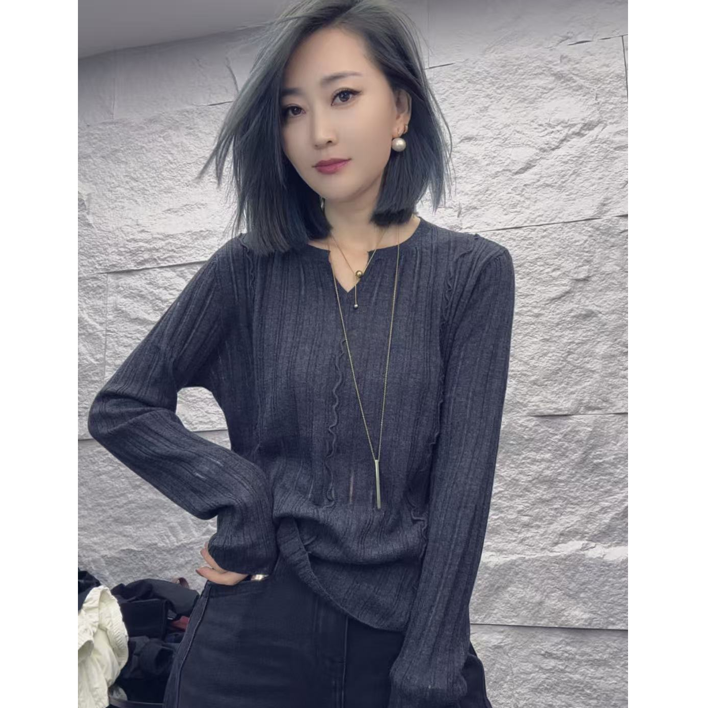 套头木耳小边针织毛衣