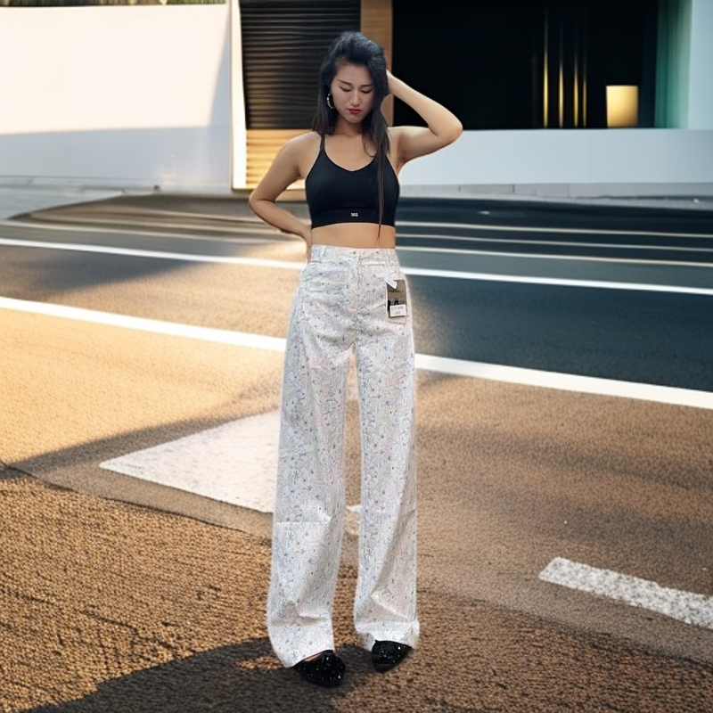 高个子小鱼裤女白色卡通印花直筒阔腿裤女2025辣妹宽松休闲拖地裤
