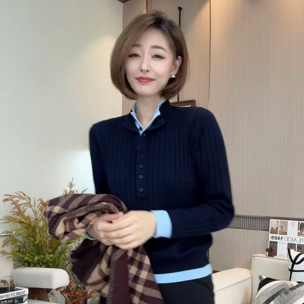 FIGO LOVE 冬季厚款假两件气质款坑条百搭针织长袖82325