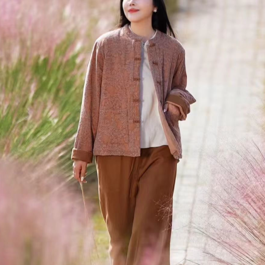 冬季新款棉服复古国风立领盘扣棉衣外套麻面料提花工艺宽松棉袄女