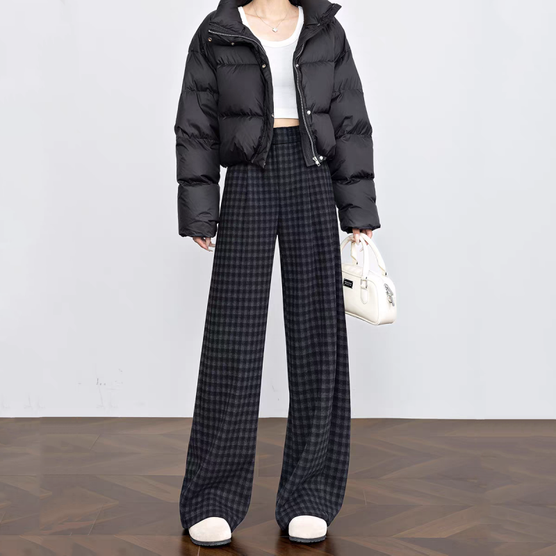 加绒格子阔腿裤女2025秋冬小个子款黑灰色高腰百搭慵懒宽松休闲裤