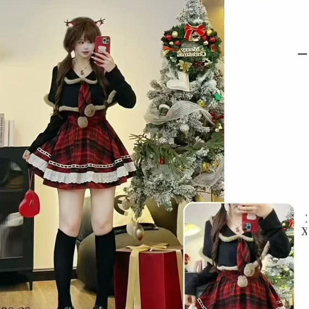 大码胖MM甜美学院设计感毛绒斗篷套装女秋冬显瘦格子半身裙两件套