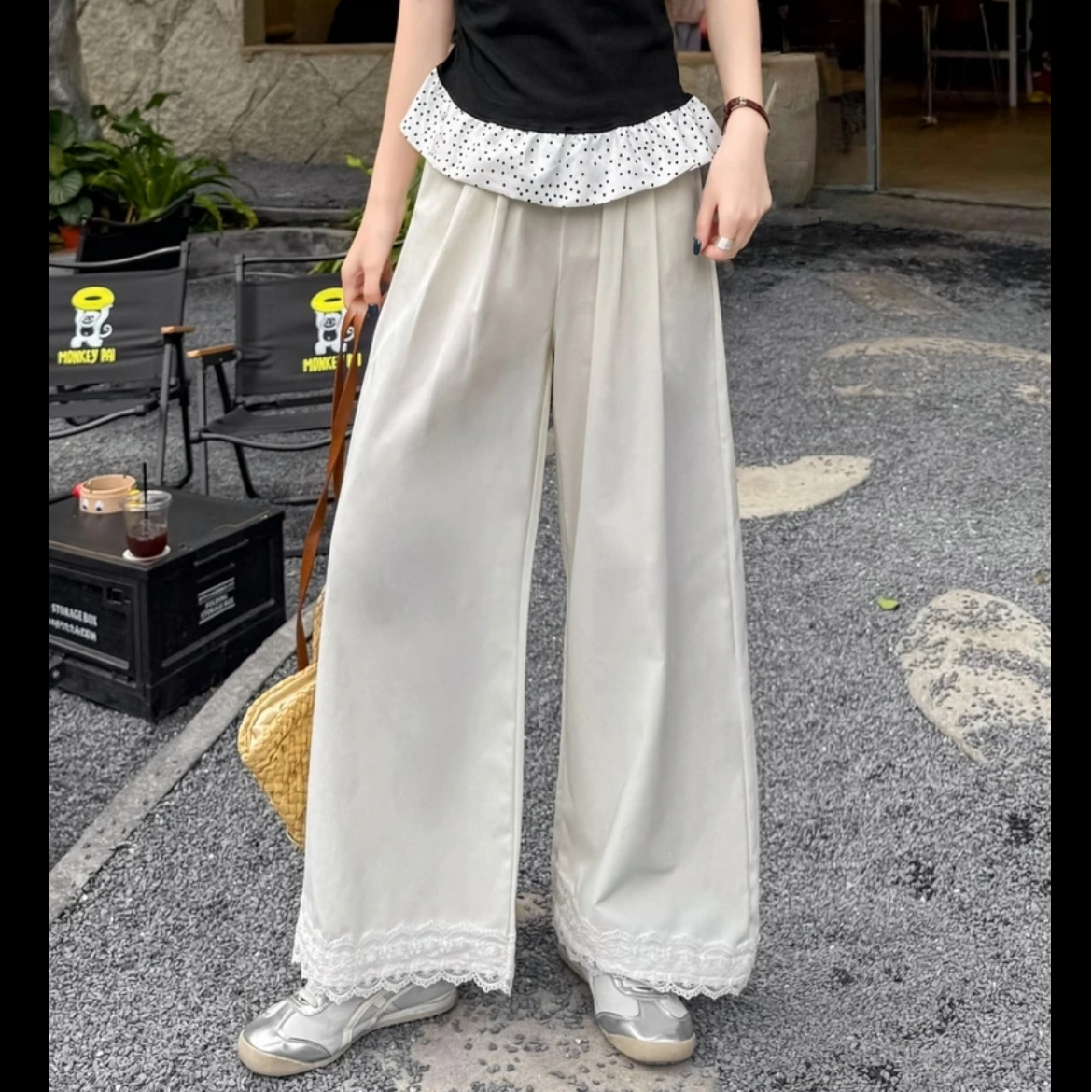 悦己纺/YJF蕾丝边冰丝山本裤女夏季薄款拼接显瘦直筒裤休闲阔腿裤