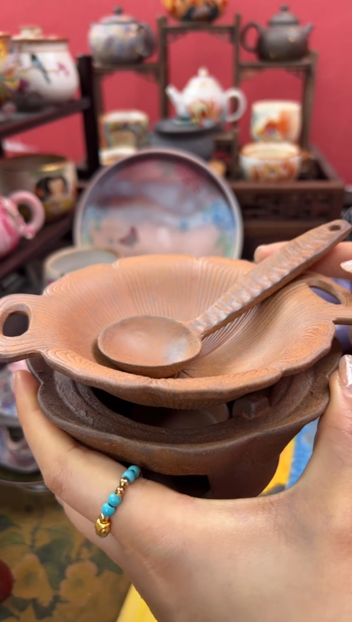 【闪购商品】素慕堂粗陶温茶器花口蝶套装+勺