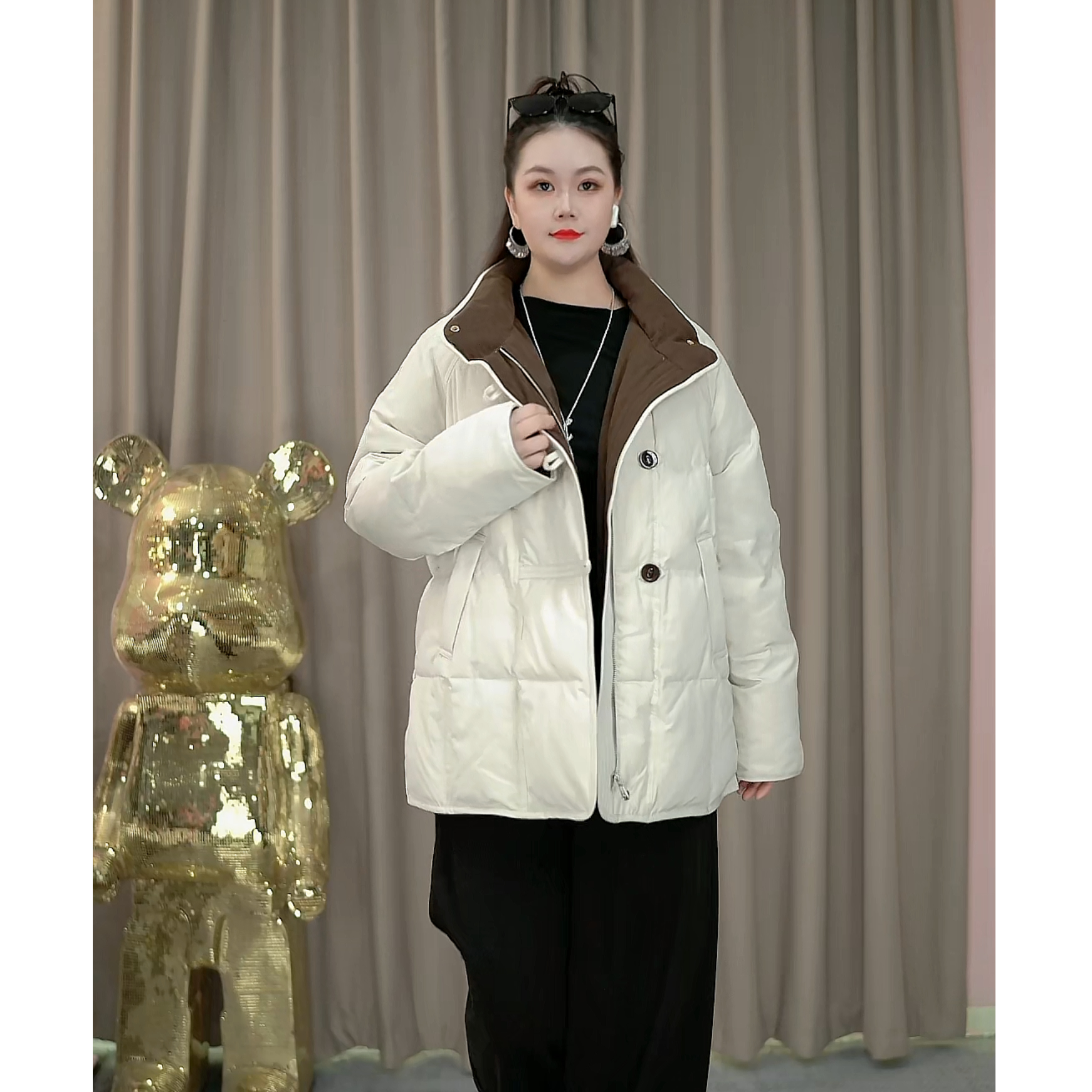 【洋洋】中长款拼接耐脏抗起球耐磨韩版立领短款冬季棉服A5F7609D