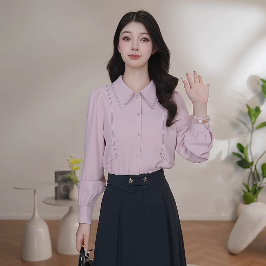 【曼贝】门店秋季小衫女职业纯色粉紫色气质轻奢8593280【珮珮】