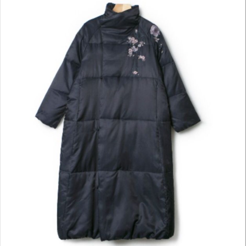 【NA家】中国风刺绣女保暖条纹毛茸茸翻领中长羽绒服民族风