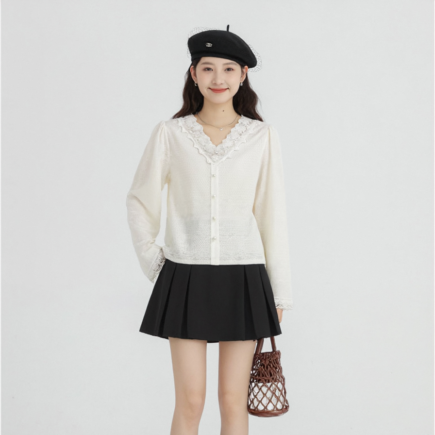 奢姿2025冬款大码女装V领蕾丝装饰衬衫上衣胖妹妹温柔显瘦甜美款