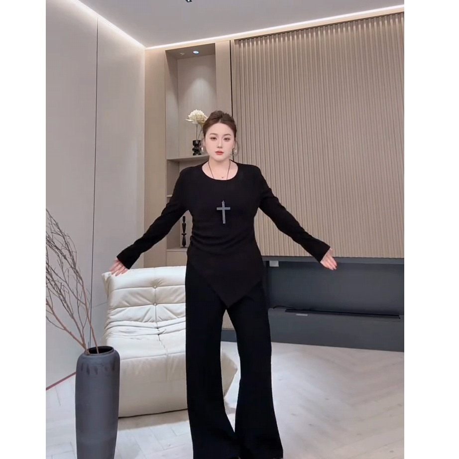 圆领洋气磨毛打底衫中长款上衣女遮屁股洋气显瘦长袖裤子套装5230