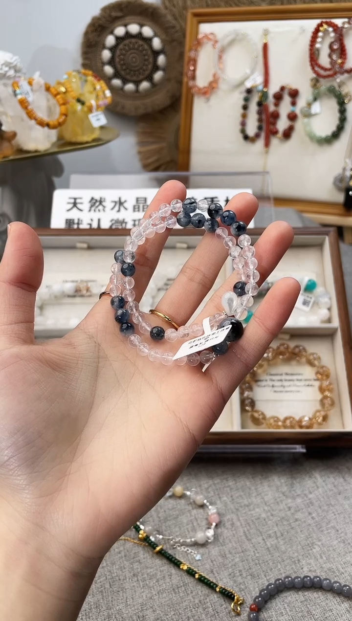 未镶嵌手串水晶宋**薛蓝兔毛蓝月光双圈（多样性发一）