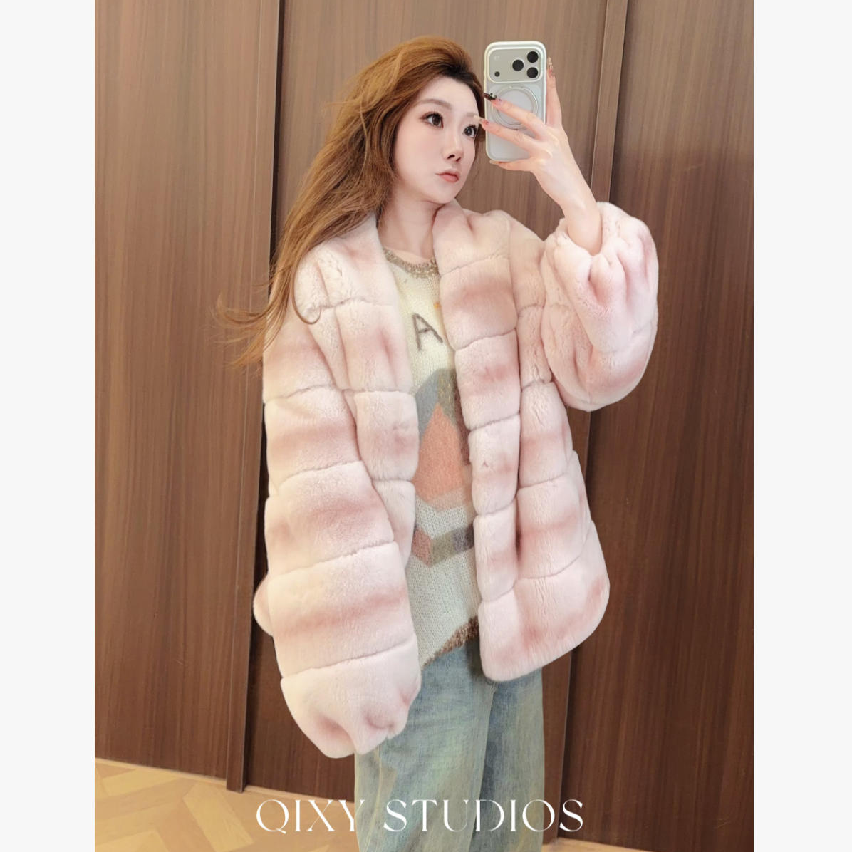 QIXIAOYAO.皮草丝绒青紫蓝兔皮毛一体皮草外套冬季新#YTNXQ25T21