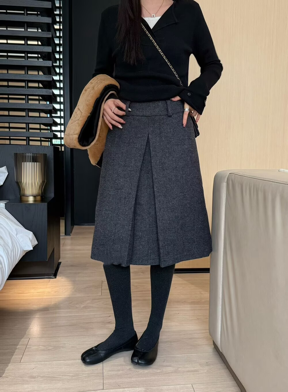 复古压褶显瘦毛呢A字半身裙女深灰色中长款秋冬遮胯高腰大码中裙