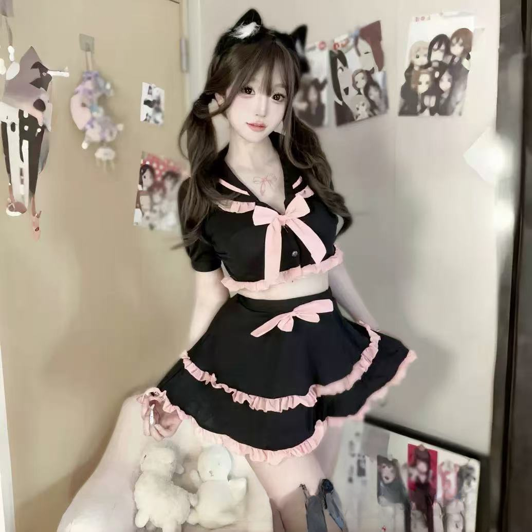 今晚无眠/星夜私语！黑粉显瘦性感分体时尚套装纯欲可爱风睡裙