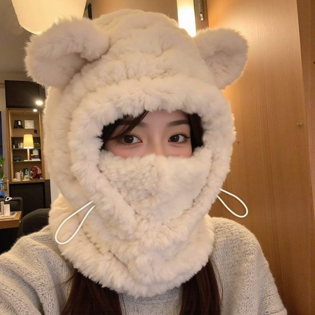 可爱小熊帽子女骑车厚毛绒保暖神器套头围巾一体口罩围脖雷锋帽冬