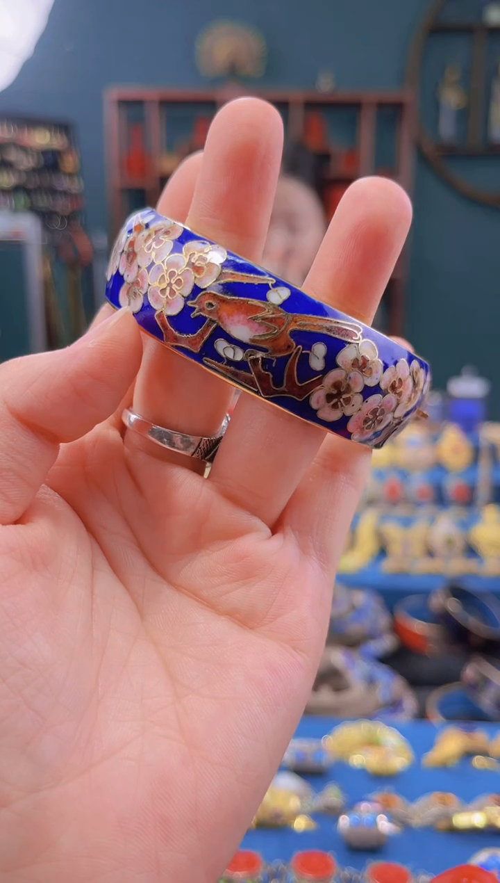 非遗景泰蓝手镯 开口 花鸟纹 58-64 宝蓝
