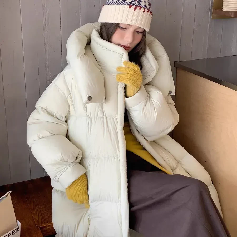 25年新款90白鸭绒羽绒服拉链长款加厚连帽纯色过膝毛领保暖冬季