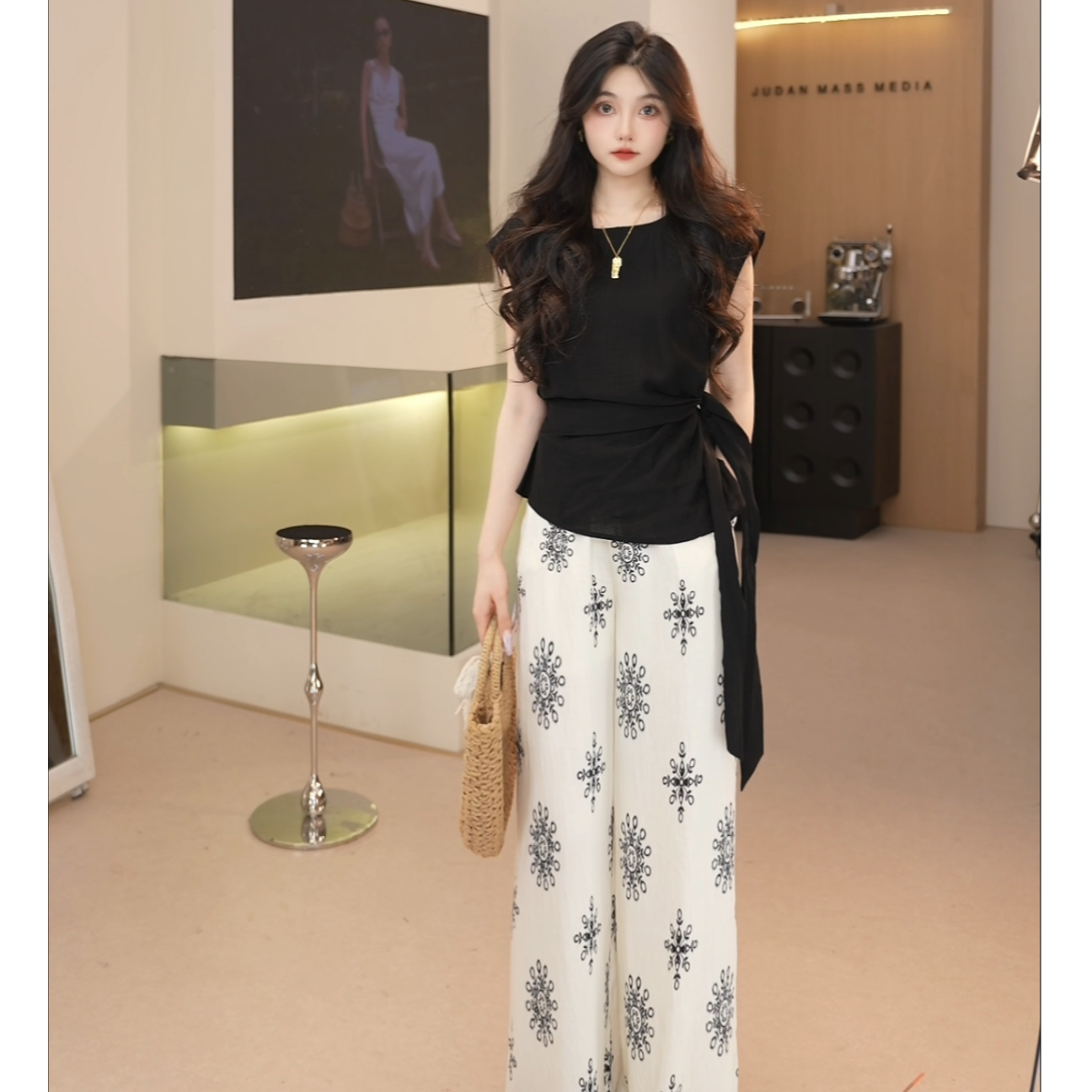 Basic House/百家好CSM复古印花波西米亚高腰阔腿裤收腰上衣套装