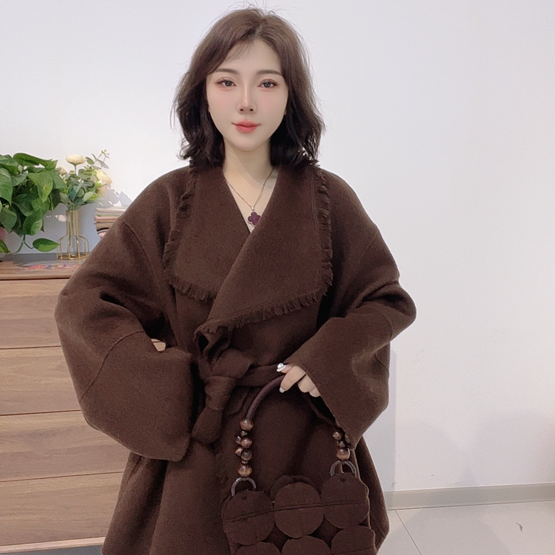 （10023）鄂市产地 流苏边收腰系带宽松中长款大衣